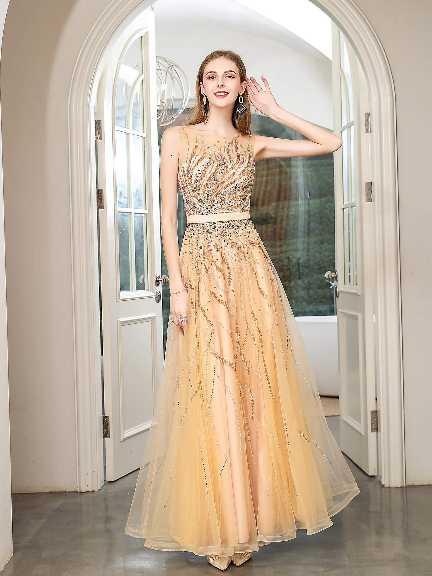 Baoleely A-line Beaded Luxurious Sexy Formal Evening Dresses Sleeveless Floor Length Prom Dresses
