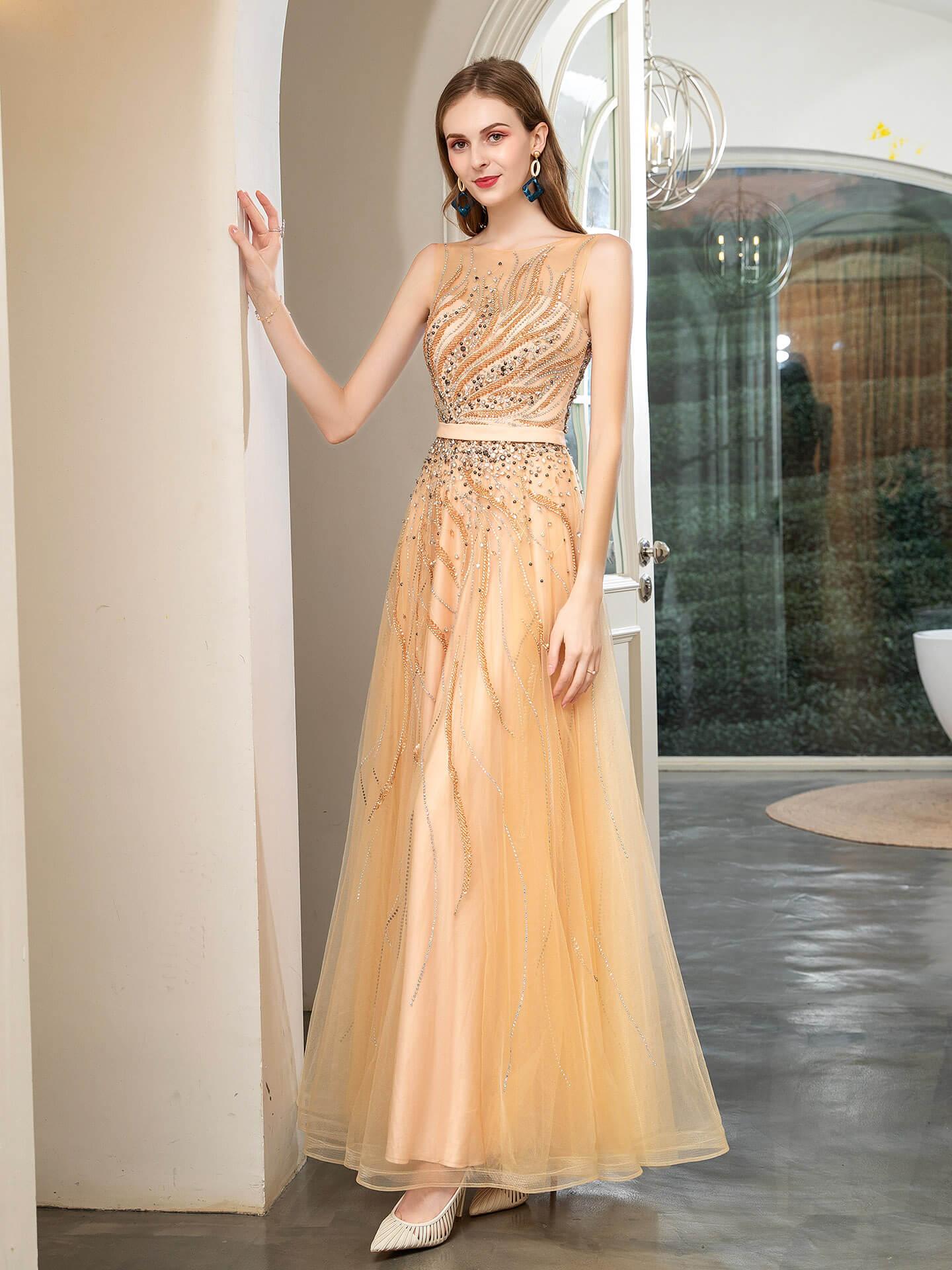 Baoleely A-line Beaded Luxurious Sexy Formal Evening Dresses Sleeveless Floor Length Prom Dresses