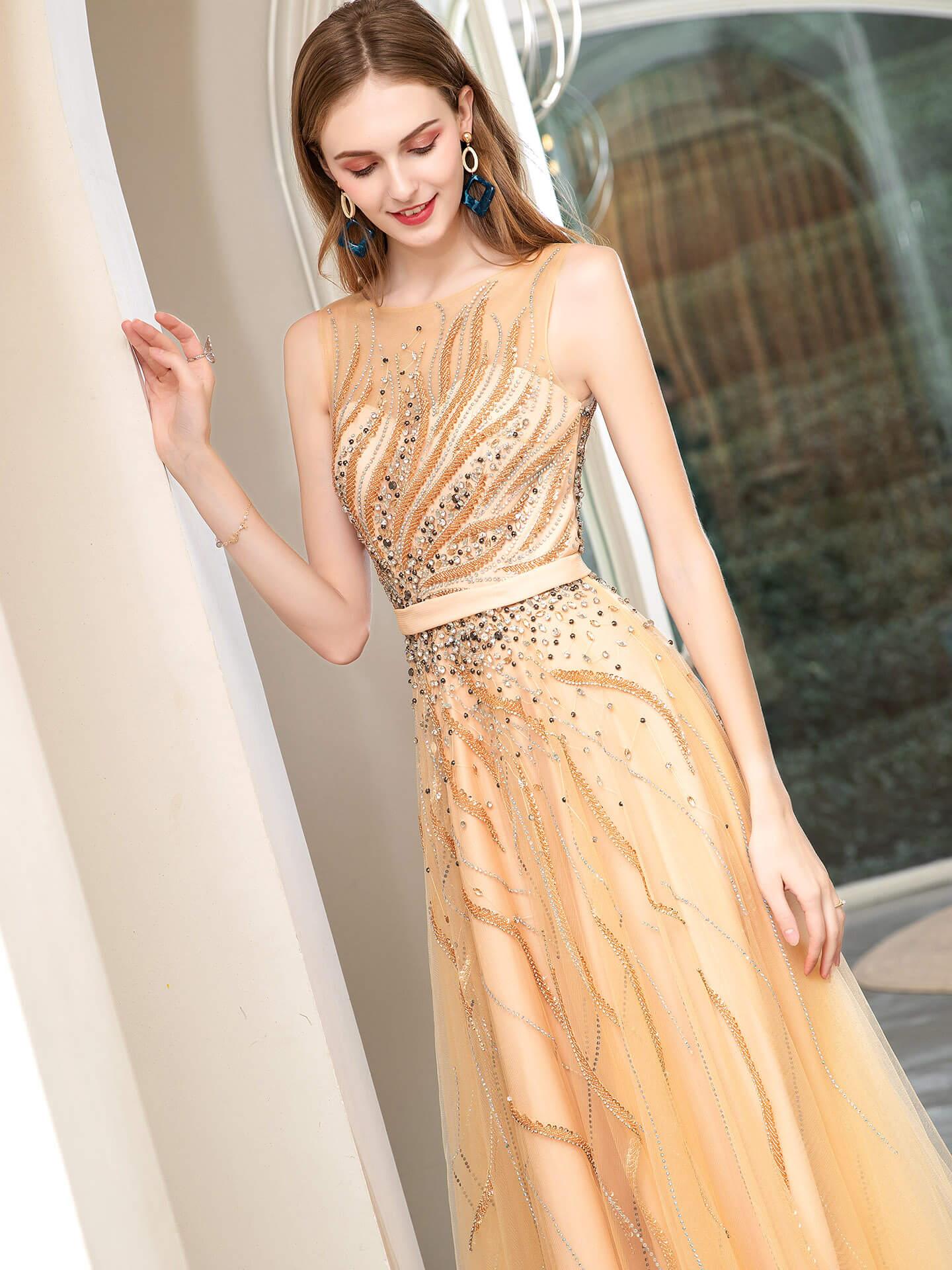 Baoleely A-line Beaded Luxurious Sexy Formal Evening Dresses Sleeveless Floor Length Prom Dresses