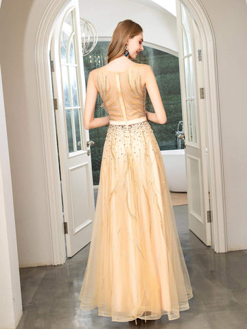 Baoleely A-line Perles Luxueuse Sexy Robe de Soirée Formelle Sans Manches Longueur Sol Robe de Bal 