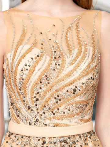 Baoleely A-line Perles Luxueuse Sexy Robe de Soirée Formelle Sans Manches Longueur Sol Robe de Bal 