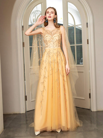 Baoleely A-line Perles Luxueuse Mode Robes de Soirée Formelles Sans Manches Longueur Sol Robes de Bal 