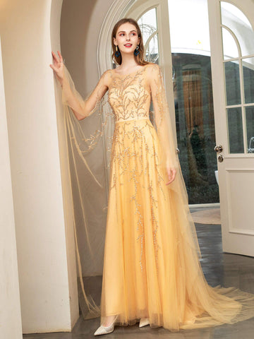 Baoleely A-line Perles Luxueuse Mode Robes de Soirée Formelles Sans Manches Longueur Sol Robes de Bal 