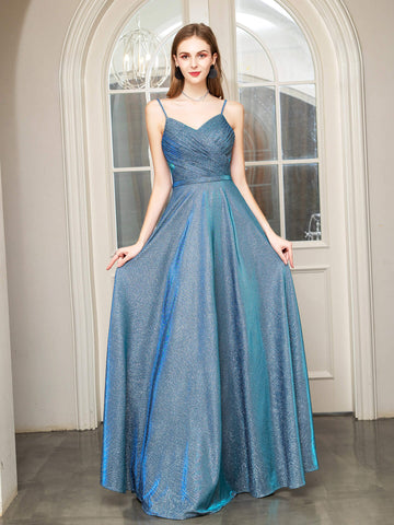 Vestidos de noche formales de corte A, con tirantes finos, sin mangas y largos hasta el suelo. 