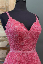 Vestido largo de fiesta de encaje rosa fucsia con escote en V y cuentas, corte en A, vestido de noche formal de graduación de encaje rosa fucsia Y216