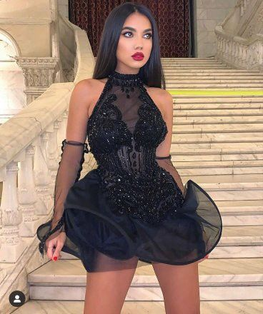 Robe de bal de fin d'année noire en tulle court Y4114