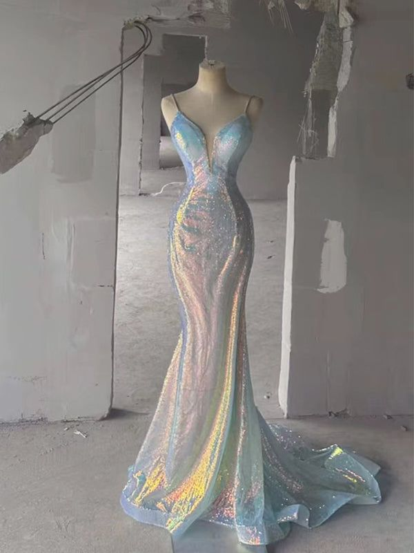 Robe de bal longue sirène à bretelles spaghetti et sequins, dos nu et décolleté en V, Y7804