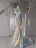 Robe de bal longue sirène à bretelles spaghetti et sequins, dos nu et décolleté en V, Y7804