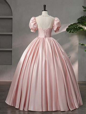 Beautiful Pink Scoop Neck Satin Floor Length Prom Dress A-Line Short Sleeve Evening Dress with Bow Y6082