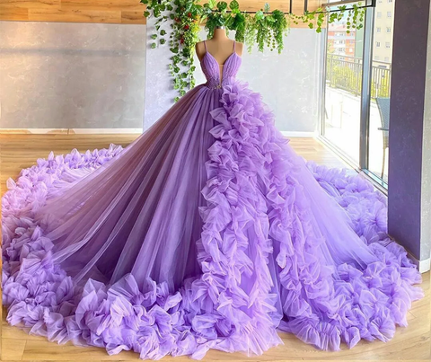 Vestido de baile de tul morado, corte en A, escote en V, vestido de princesa morado, vestido de hada Y6590