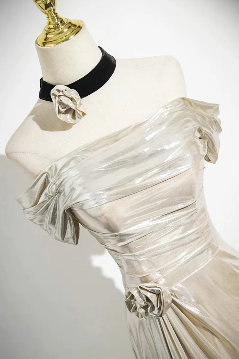 Charming Champagne Off The Shoulder Satin Prom Dress Mermaid Evening Gown Y8202