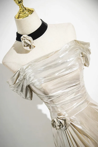 Charming Champagne Off The Shoulder Satin Prom Dress Mermaid Evening Gown Y8202