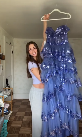 Vestido de noche de tul azul brillante con lentejuelas y capas, vestido de fiesta formal con abertura Y7961