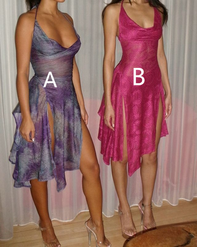 Robe de cocktail courte vintage dos nu et fente, modèle Y8491