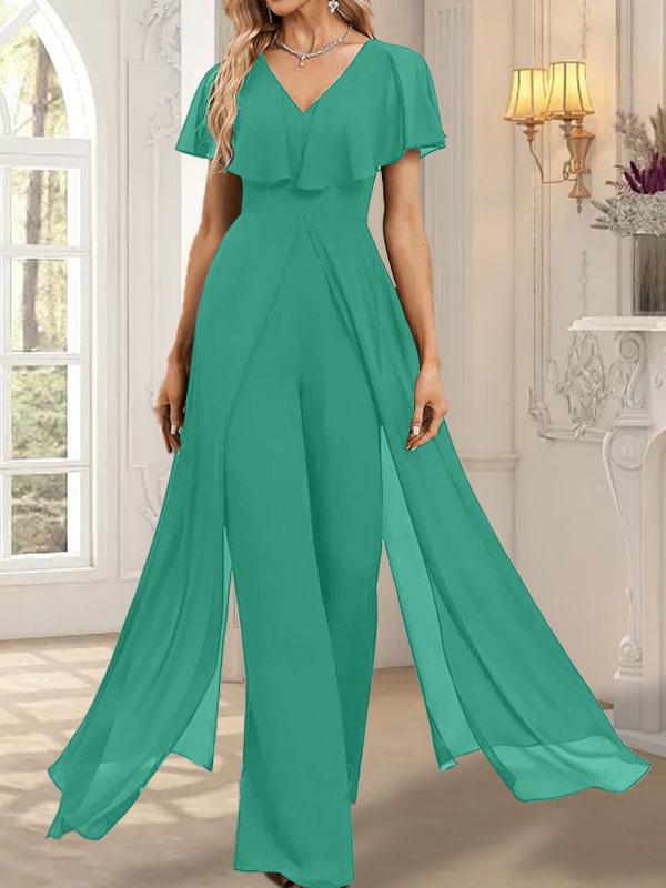 Combinaison-pantalon robe de soirée longue en mousseline à col en V