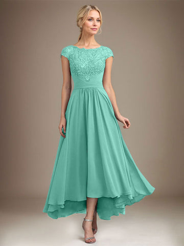 A-line Scoop Illusion Asymmetrical Lace Chiffon Mother of the Bride Dress With Pleated
