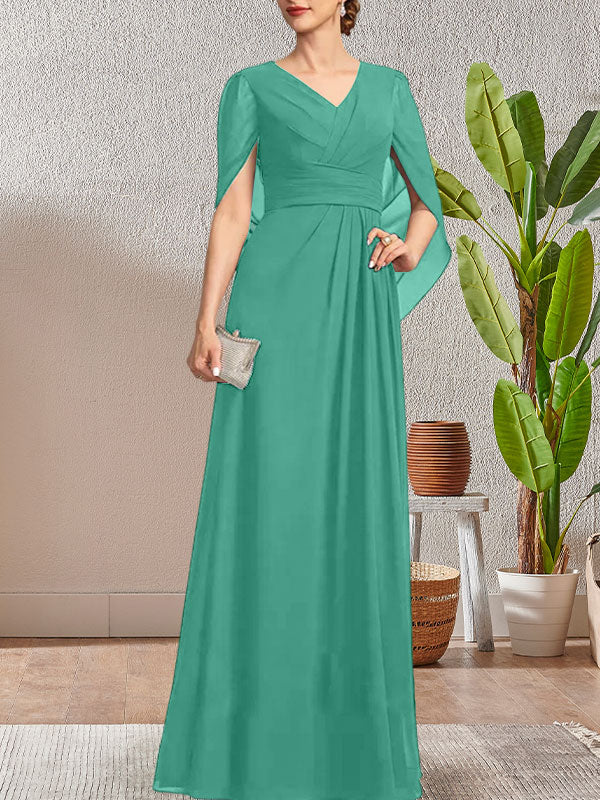 Vestido largo azul marino oscuro de corte A con escote en V para la madre de la novia