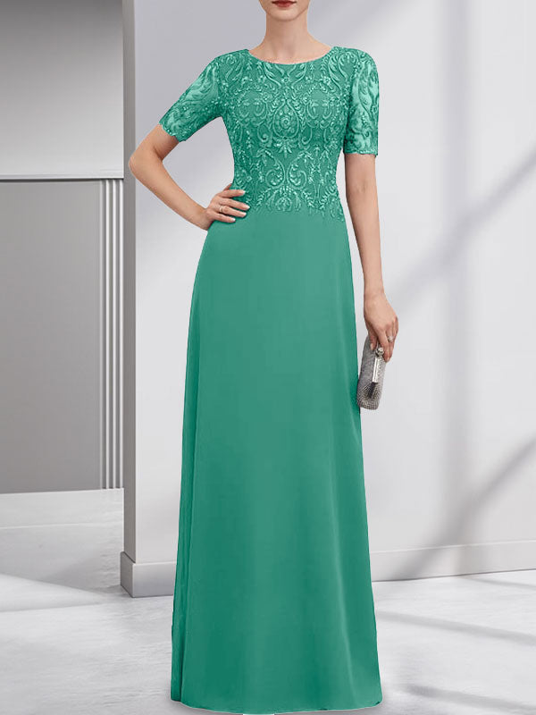 Vestido de novia de corte línea A, escote redondo, largo hasta el suelo, de encaje y gasa con lentejuelas.
