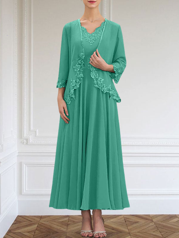 Vestido de corte A, escote en V, largo hasta el tobillo, de gasa, para la madre de la novia, con apliques de lentejuelas, encaje y pedrería.