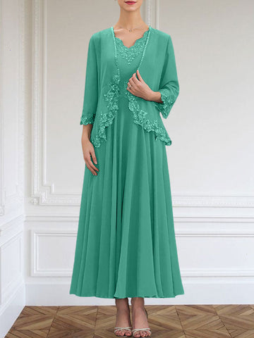 A-line V-Neck Ankle-Length Chiffon Mother of the Bride Dress With Sequins Appliques Lace Beading