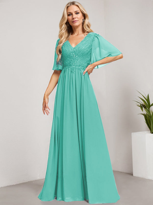 Vestido de novia de corte A, escote en V, largo hasta el suelo, de gasa de encaje con lentejuelas para la madre de la novia 