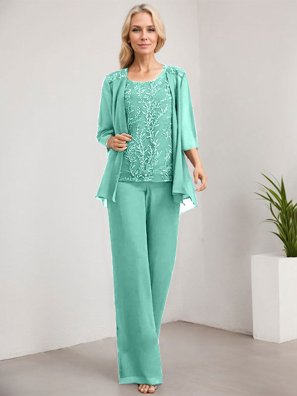 Vestido de novia de gasa con encaje y lentejuelas, estilo mono/pantalón, largo hasta el suelo, con escote redondo.