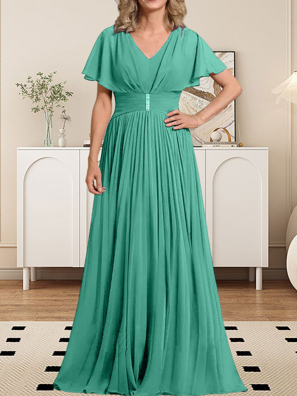Vestido de gasa de corte A, escote en V, largo hasta el suelo, para la madre de la novia, con broche de cristal y pliegues. 