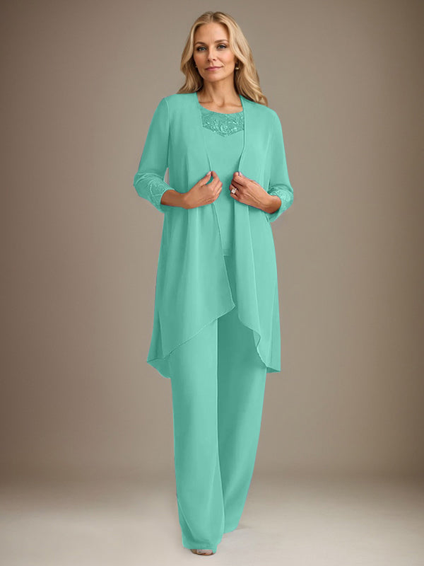 Traje pantalón de gasa con escote redondo y mangas largas para la madre de la novia, con chaqueta. 