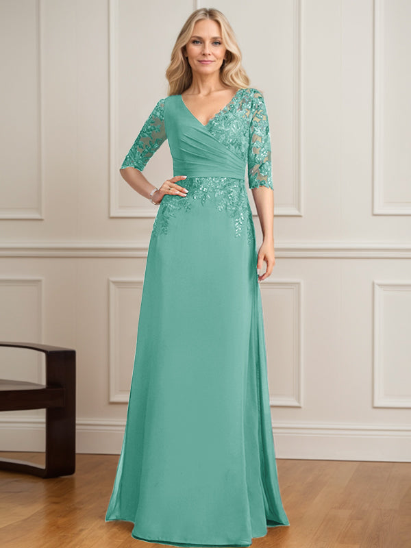 Vestido de novia de corte A, escote en V, largo hasta el suelo, de gasa de encaje con lentejuelas plisadas. 