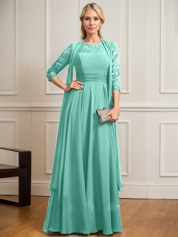 Vestido de novia de corte A, escote redondo ilusión, largo hasta el suelo, de gasa de encaje con pliegues. 