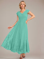 Vestido de gasa de corte evasé, escote en V, largo hasta el tobillo, para la madre de la novia, con apliques de lentejuelas. 