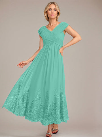 A-line V-Neck Ankle-Length Chiffon Mother of the Bride Dress With Applique Sequins