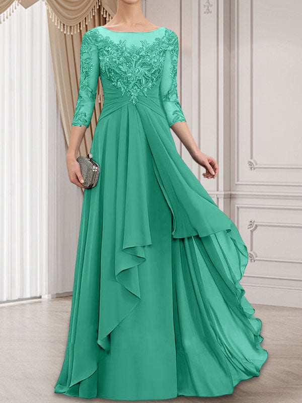 Vestido de novia de corte línea A, escote redondo ilusión, largo hasta el suelo, de gasa de encaje con volantes en cascada.