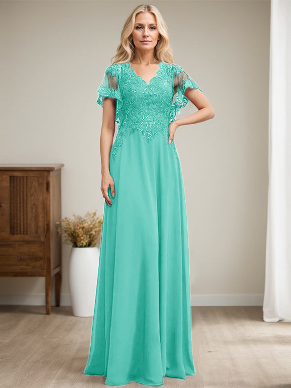 Vestido de novia de corte A, escote en V, largo hasta el suelo, de gasa de encaje con lentejuelas para la madre de la novia 