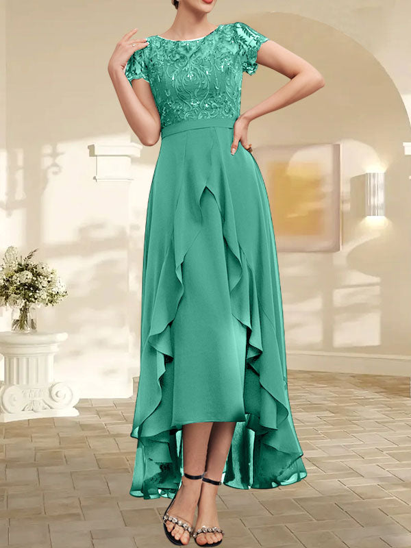 Vestido de novia asimétrico de gasa con encaje, corte en A, escote ilusión, detalle de lazo, volantes y lentejuelas para la madre de la novia 
