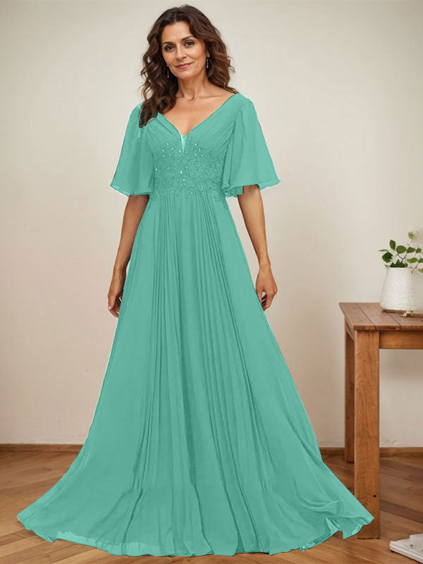 Vestido de corte A, escote en V, largo hasta el suelo, de gasa, para la madre de la novia, con apliques de lentejuelas y encaje plisado. 