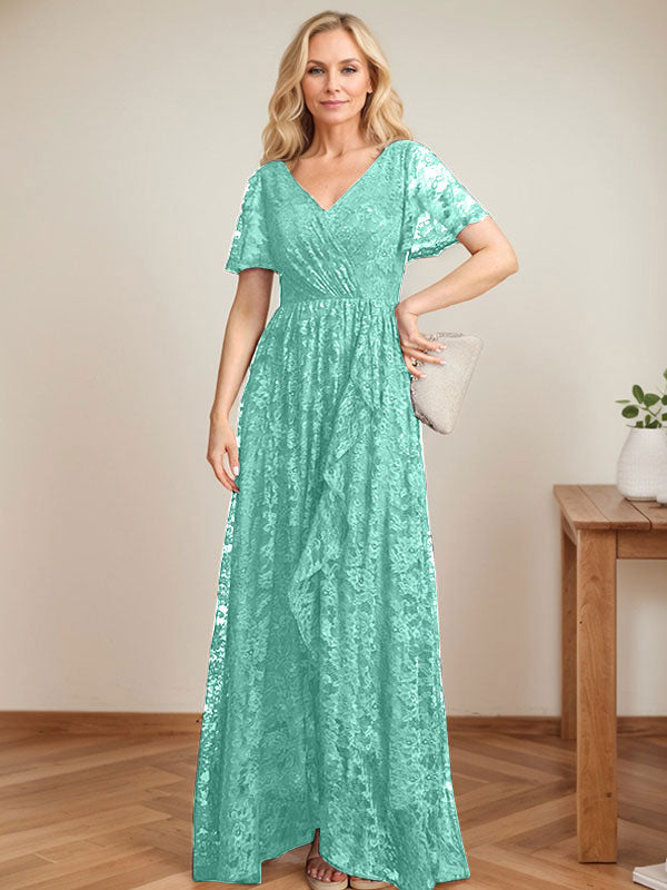 Vestido de novia de encaje asimétrico con escote en V y corte en A para la madre de la novia, con volantes en cascada. 