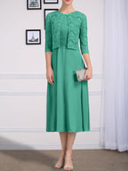 Vestido de chifón de corte línea A, largo té, para la madre de la novia, con escote redondo y pliegues.