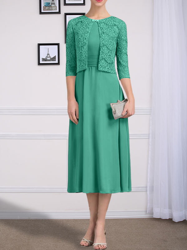 Vestido de chifón de corte línea A, largo té, para la madre de la novia, con escote redondo y pliegues.
