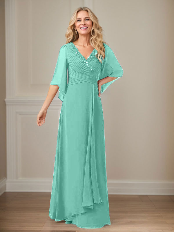 Vestido de mamá largo de gasa con lentejuelas, escote en V y corte en A