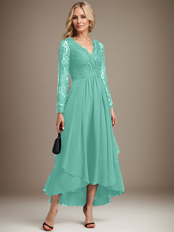 Vestido de novia de gasa con encaje asimétrico, escote en V y corte en A para la madre de la novia 