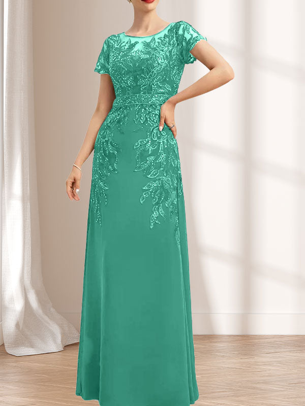 Vestido de novia de corte recto/columna, escote redondo, ilusión, largo hasta el suelo, de encaje y gasa con lentejuelas.