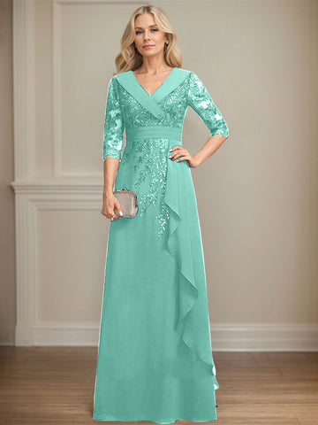 A-line Collared V-Neck Floor-Length Lace Chiffon Mother of the Bride Dress With Sequins Cascading Ruffles
