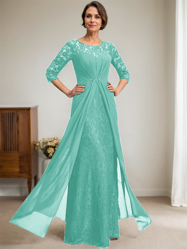 Vestido de novia de corte línea A, escote redondo ilusión, largo hasta el suelo, de gasa de encaje con volantes y pedrería. 