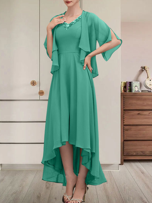 Vestido de corte A, escote en V, asimétrico, de gasa, para la madre de la novia, con lentejuelas y pedrería.