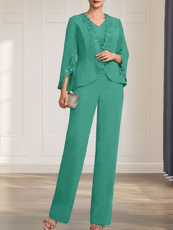 Combinaison/Tailleur-pantalon deux pièces, robe longue en mousseline à col V pour la mère de la mariée