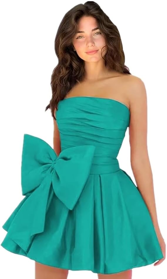 Robes de soirée courtes et chics pour le bal de promo, coupe trapèze, sans manches, bustier, froncées, lacées et ornées d'un nœud.
