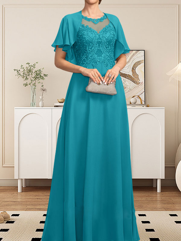 Robe de mère de la mariée en mousseline de dentelle, coupe trapèze, décolleté illusion, longueur au sol, ornée de sequins