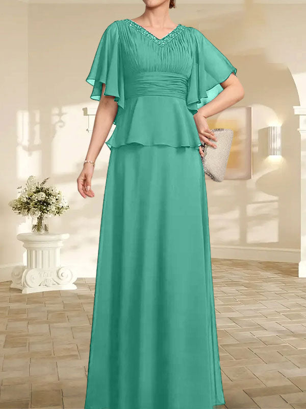 Vestido de gasa de corte A, escote en V, largo hasta el suelo, para la madre de la novia, con plisados ​​y cuentas.
