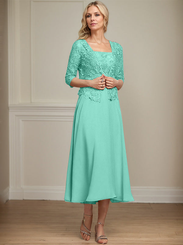 Vestido de corte A, largo midi, de gasa, encaje y lentejuelas para la madre de la novia. 